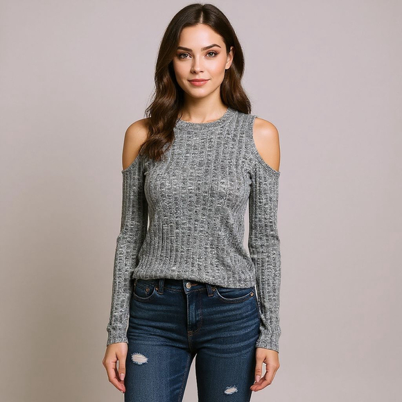 American Eagle Medium Gray Cold Shoulder Ribbed Long Sleeve Top - Picture 1 of 7